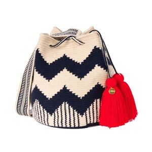 Wayuu Tribe Black and Cream Chevron Bag with Red Tassels